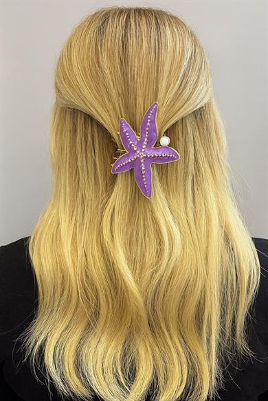 Altın Ve Mor Renk Deniz Yıldızı Figürlü Taşlı Metal Mandal Toka