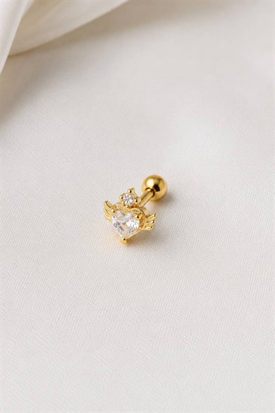 Altın Renk Kalp Figürlü  Taşlı Cerrahi Çelik Tragus/Kıkırdak Küpe/Piercing (Tek)
