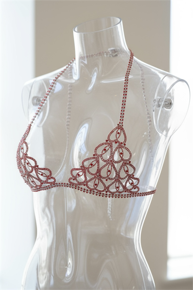 Gümüş Renk Kırmızı Taşlı Bikini Üstü /Bralet /Vücut Aksesuarı