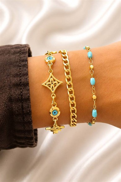 Altın   Renk  Zincir Detaylı 3lü Bileklik Set
