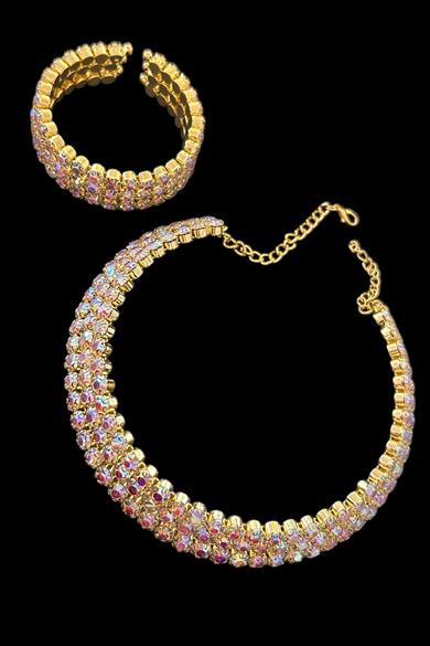 Altın Renk Taş Detaylı Choker Kolye Ve Bileklik Set