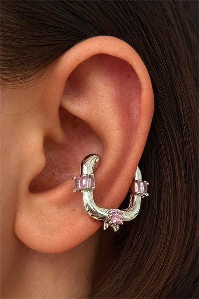 Gümüş Renk Taş Detaylı 14K Altın Kaplama TX Ear Cuff (Tek)