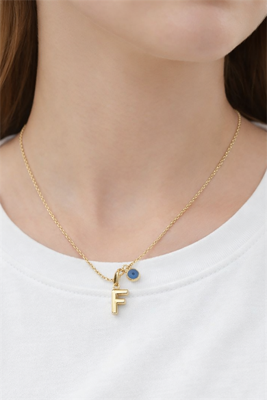 Altın Renk F Harfli Nazar Boncuk Detaylı Çelik Kolye