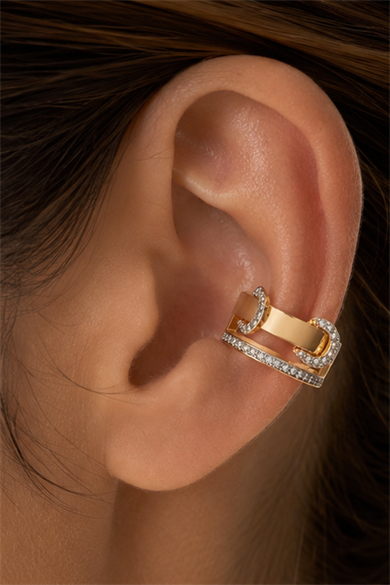 Altın  Renk Taş Detaylı TX Ear Cuff (Tek)