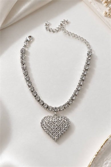 Gümüş Renk Kalp Figürlü Taş Detaylı Halhal