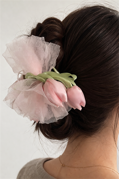 Pembe Renk Lale Figürlü Tül Detaylı Mandal Toka