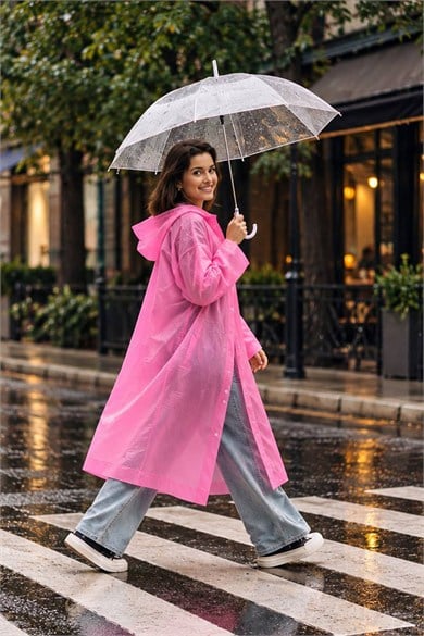 Pembe Renk Kapüşonlu Unisex Yetişkin Yağmurluk