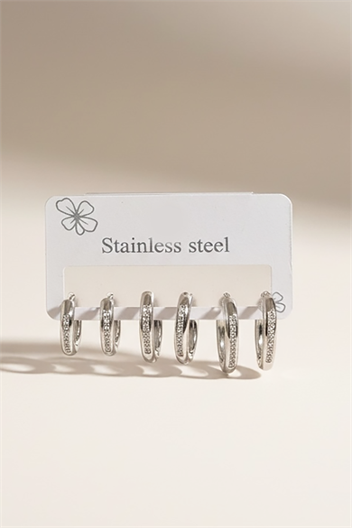 Gümüş Renk 6lı Halka Detaylı Taşlı  Çelik Küpe Set