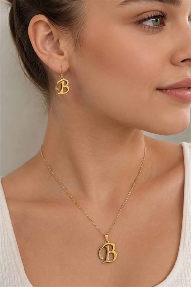 Altın Renk B Harfli Çelik Kolye/Küpe Set