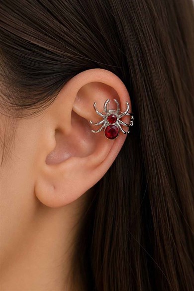 Gümüş Renk Örümcek  Figürlü Taş Detaylı TX Ear Cuff (Tek)