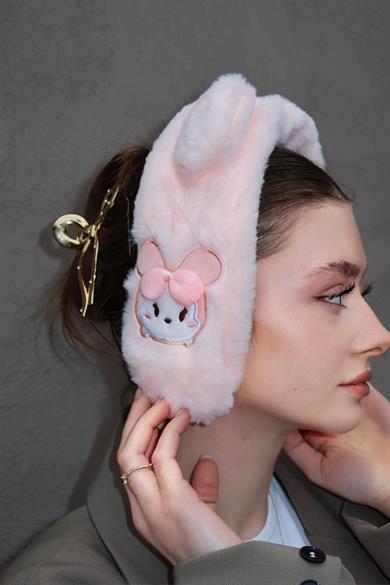 Açık Pembe Renk Tavşan Figürlü Peluş Çocuk Kulaklık