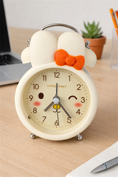 Sarı Renk Tavşan Figürlü Mini Dekoratif Işıklı Alarmlı Yuvarlak Masa Saati