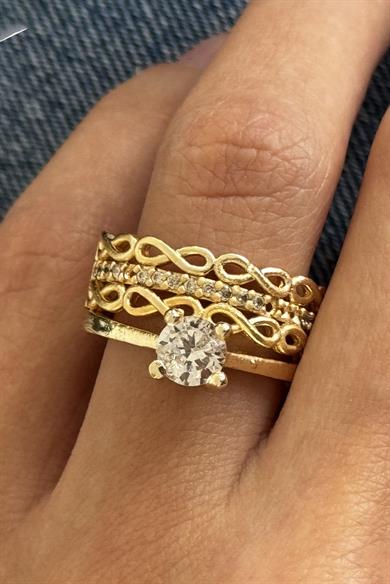 Altın Renk Tek Taş Detaylı Ayarlanabilir Yüzük