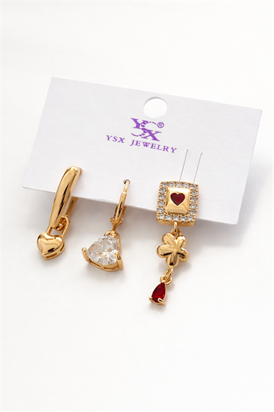 Altın Renk Kalp Figürlü Taş Detaylı 3lü YSX Küpe Set