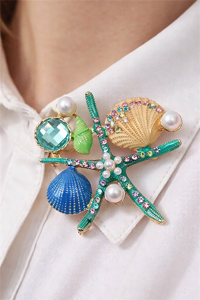 Karışık Renk Deniz Yıldızı Figürlü Taşlı Broş  