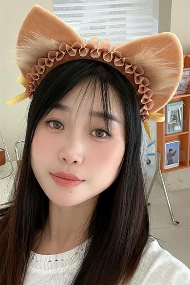 Kahverengi Kedi Kulak Detaylı Peluş Taç