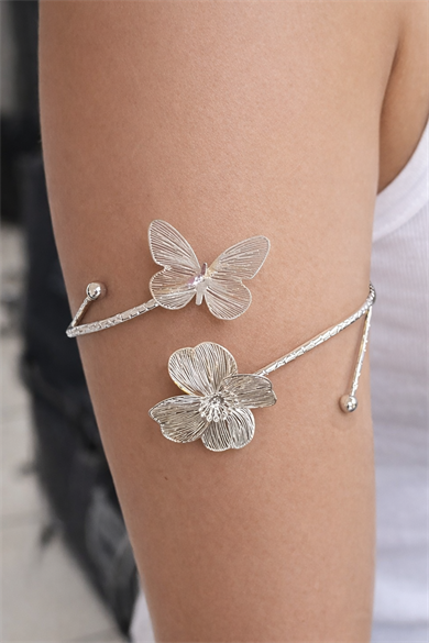 Gümüş Renk Çiçek Ve Kelebek Figürlü Tasarım Bileklik Kol Aksesuarı