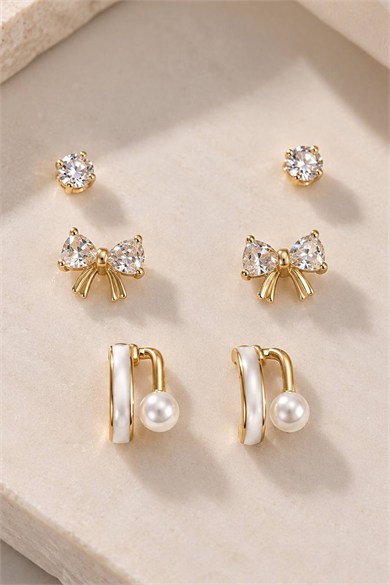 Altın Renk 6lı Taşlı Küpe Set