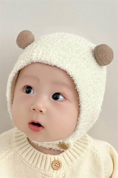 Krem Ve Kahve Renk Ponpon Detaylı Bebek Peluş Şapka