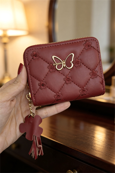 Kırmızı Renk Kelebek Detaylı Deri Kadın Cüzdan