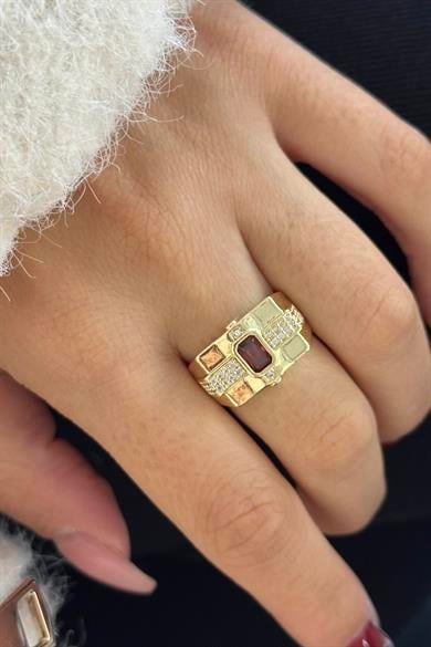 Altın Renk Taş Detaylı Ayarlanabilir Yüzük