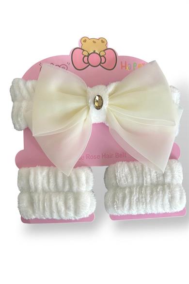 Beyaz Renk Fiyonk Detaylı Su Emici Havlu Bileklik Saç Bandı 