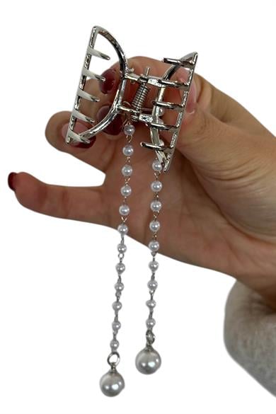 Gümüş Renk İnci Detaylı Mini Metal Mandal Toka