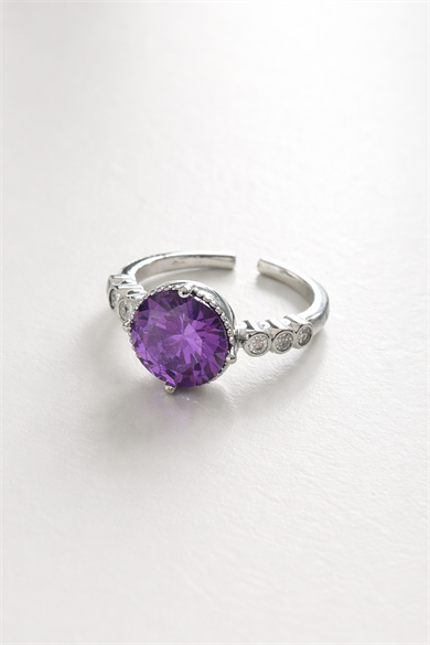 Gümüş Renk Mor Taş Detaylı Ayarlanabilir Çelik Yüzük