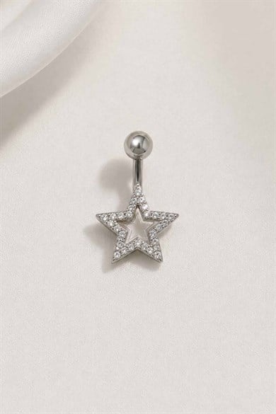 Gümüş Renk Yıldız Figürlü Taşlı Cerrahi Çelik Göbek Piercing