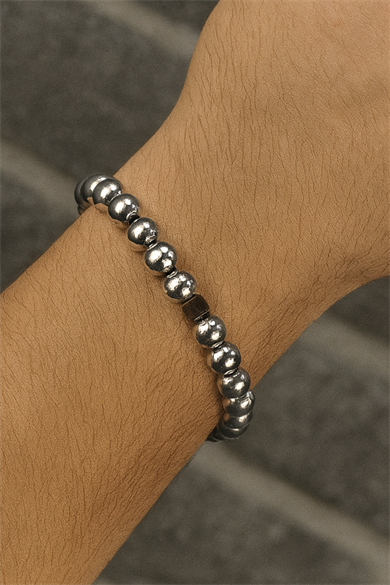 Gümüş Renk Boncuk Detaylı Çelik Erkek Bileklik