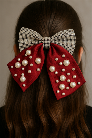 Bordo Renk Kurdele Figürlü İnci Ve Taş Detaylı Otomat Toka