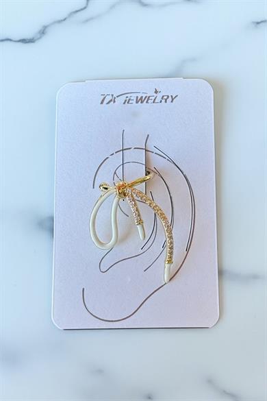 Altın Renk Kurdele Figürlü Taş Detaylı 14K Altın Kaplama TX Ear Cuff (Tek)