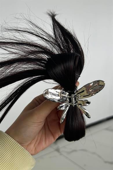 Koyu Kahve Renk Dağınık Topuz Efektli Saç Eklentisi Kelebek Figürlü Mandal Toka