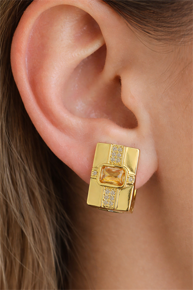 Altın Renk Taş Detaylı 14k Altın Kaplama Küpe (Çift)