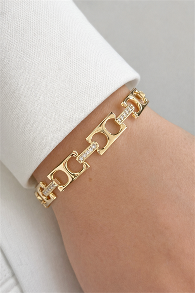 Altın Renk Taş Detaylı 14K Altın Kaplama CM Bileklik