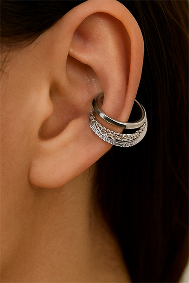 Gümüş Renk Taş Detaylı Ear Cuff (Tek)