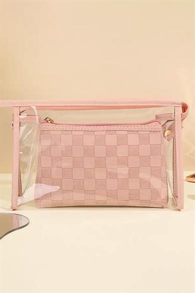 Pembe Renk 2li Şeffaf Makyaj Çantası