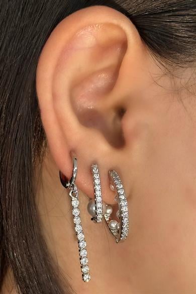 Gümüş Renk İnci Detaylı 3lü YSX Küpe Set