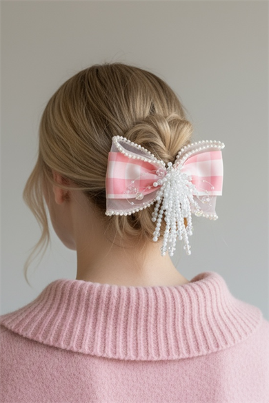 Pembe Renk Kurdele Figürlü İnci Detaylı Pens Toka