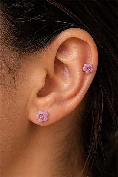 2li Pembe Renk Çiçek Figürlü Taş Detaylı Tx Tragus/Kıkırdak Küpe/Piercing 