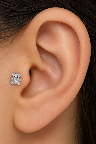 Gümüş  Renk Ayıcık Figürlü   Taşlı Cerrahi Çelik Tragus/Kıkırdak Küpe/Piercing (Tek)