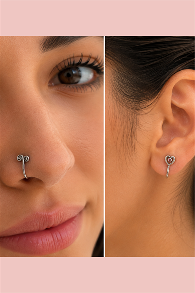 Gümüş Renk Karışık Figürlü Deliksiz Kulak/Burun 3lü Piercing Set