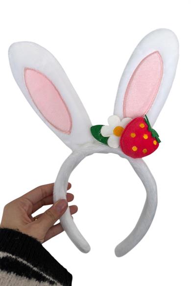 Beyaz Renk Kulak Figürlü Çilek Detaylı Peluş Taç