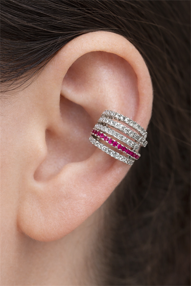 Gümüş Renk Taş Detaylı 14K Altın Kaplama TX Ear Cuff (Tek)