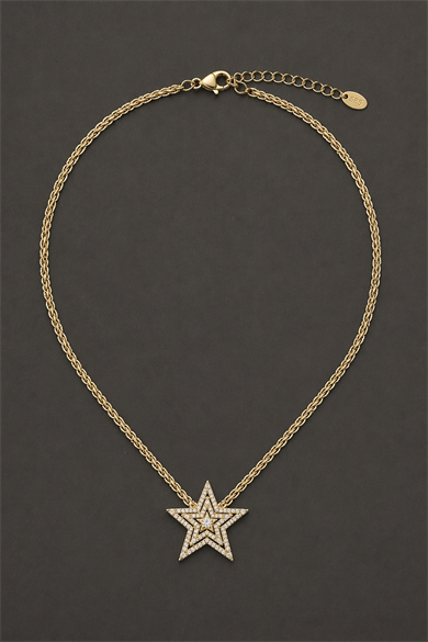 Altın Renk Yıldız Figürlü 14K Altın Kaplama Vip Taşlı Kolye