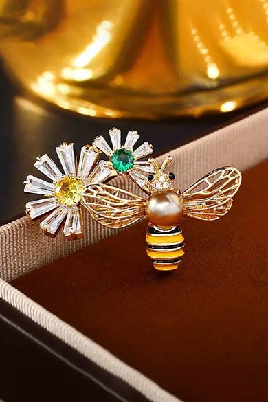 Karışık Renk Arı Ve Çiçek Figürlü Taşlı Broş  