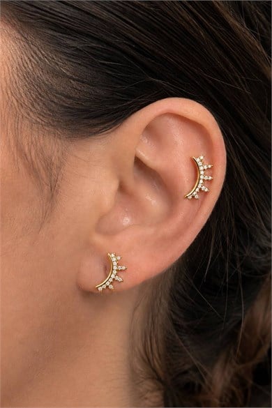 2li Altın Renk Taş Detaylı Tx Tragus/Kıkırdak Küpe/Piercing 