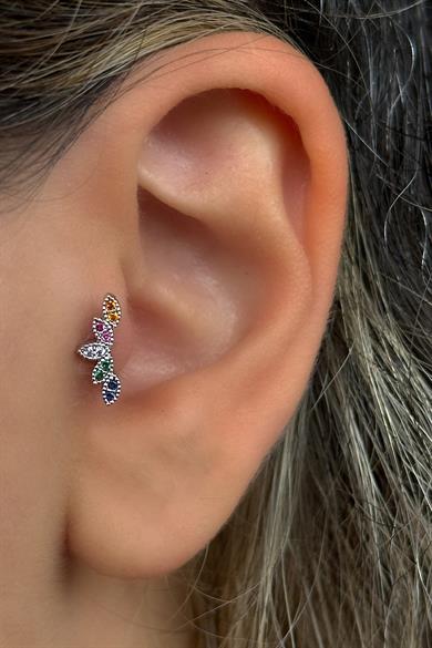 Gümüş Renk Renkli Taş Detaylı Çelik Tragus/Kıkırdak Küpe/Piercing (Tek)
