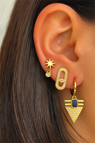 Altın Renk Taş Detaylı VİP 3lü YSX Küpe Set 