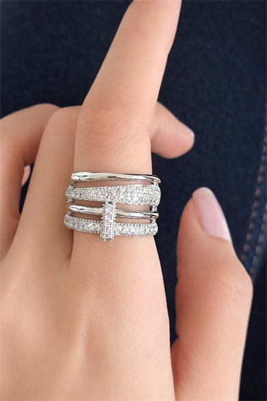 Gümüş Renk Taş Detaylı Ayarlanabilir Yüzük